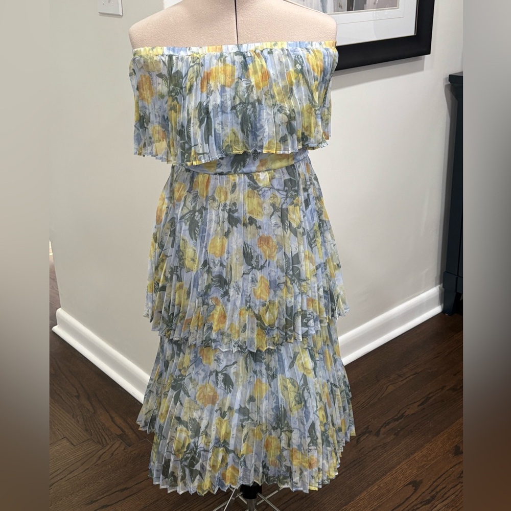 Blue and Yellow Strapless Tiered Sundress